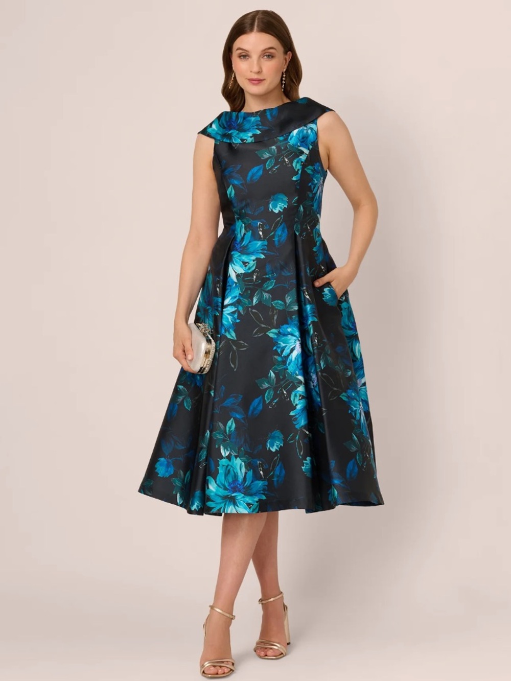 ADRIANNA PAPELL Sleeveless Roll Collar Floral Midi Dress In Navy Multi 10 MOB